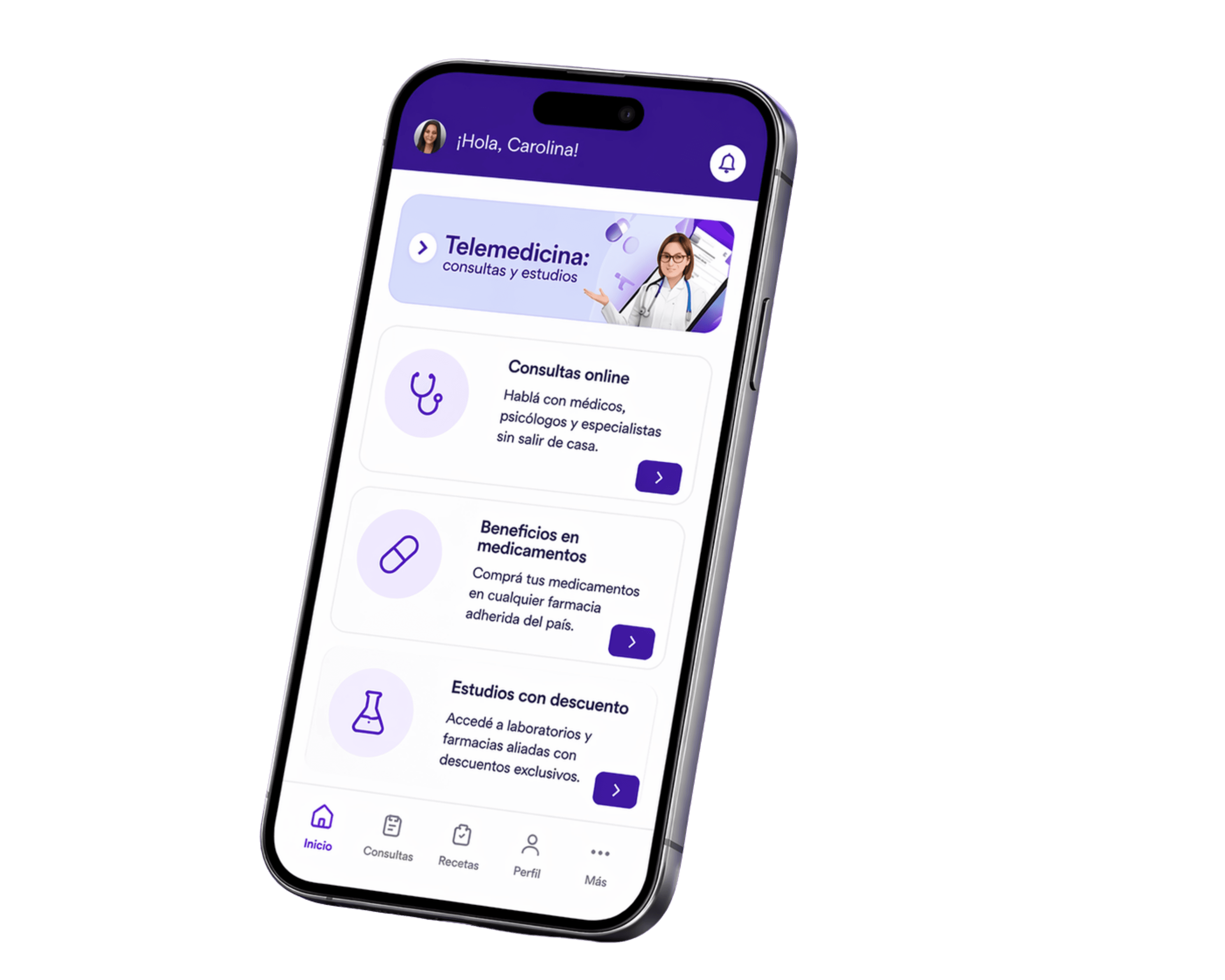 Interfaz de CelDoctor en celular mostrando consultas, beneficios y estudios
